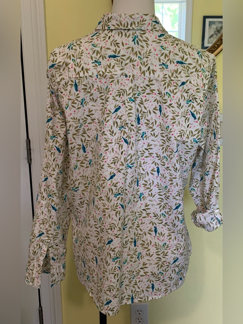 Cotton Blue Bird Print Button Blouse Floral Adjustable Button Tab Sleeve - Picture 5 of 9